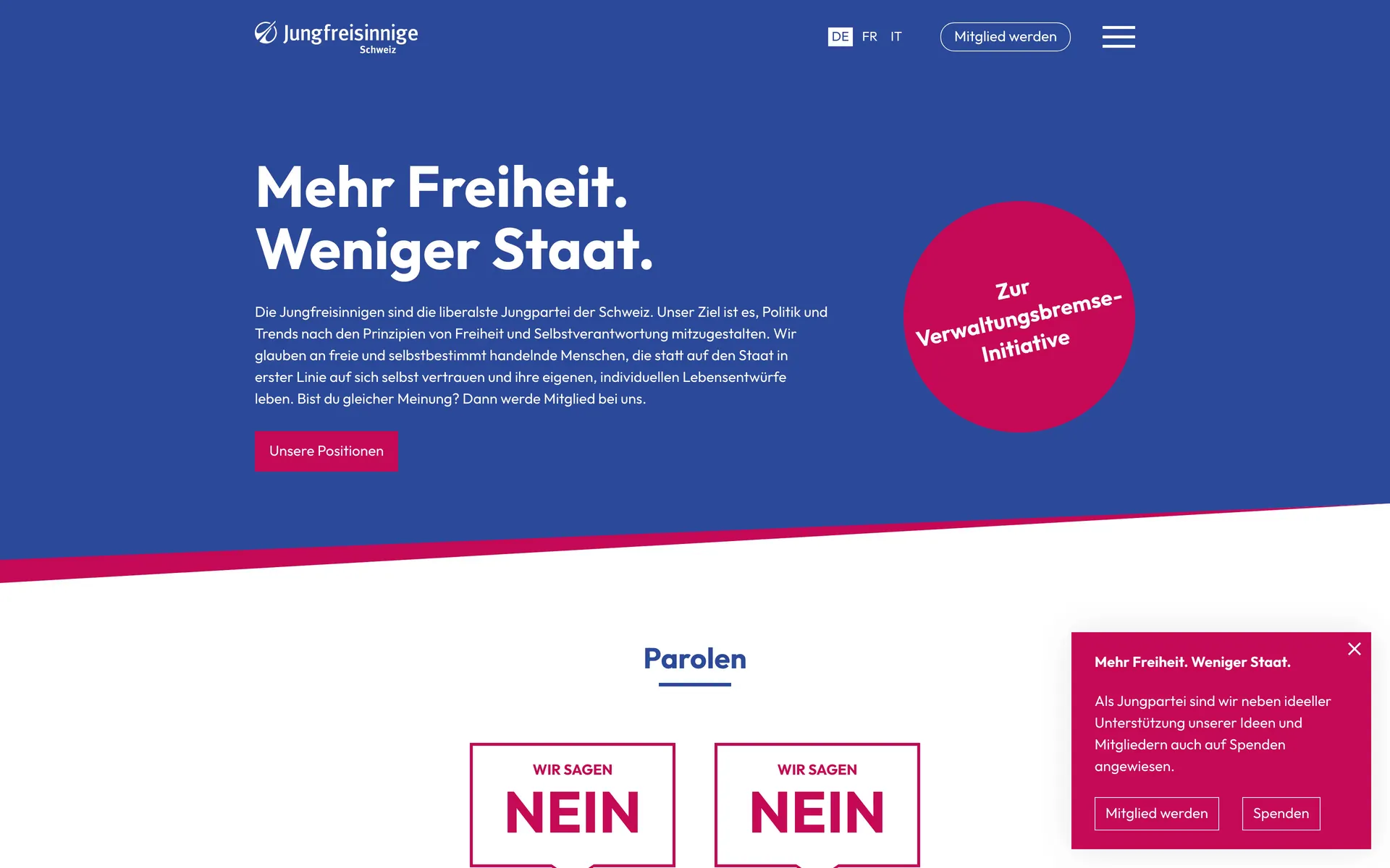 Website von Jungfreisinnige Schweiz: Startseite am Bildschirm